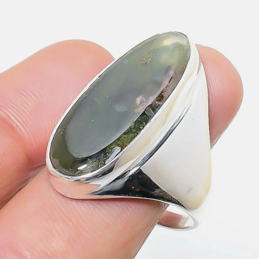 New Men's Indian Moss Agate 925 Silver Ring.